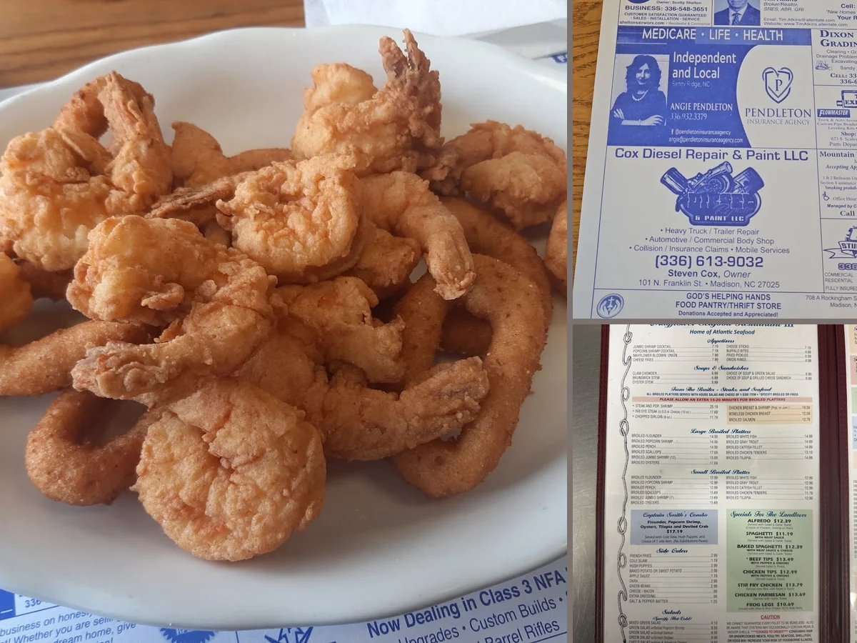 Seafood platters served with slaw and hushpuppies.