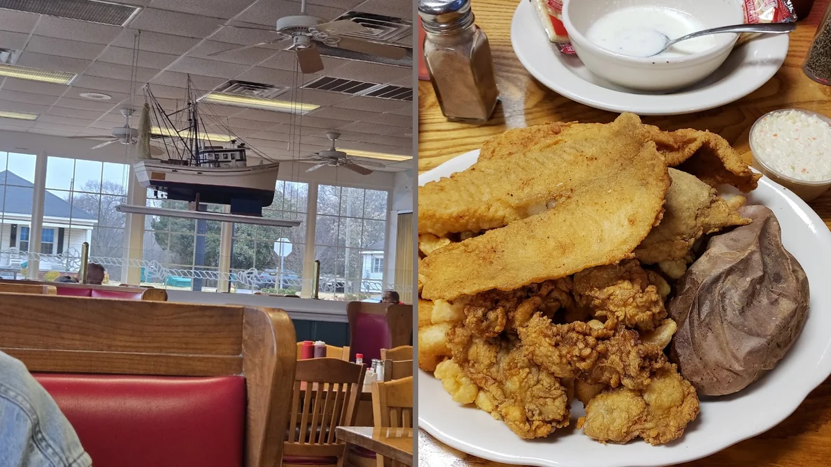 Broiled fish and shrimp on white dinner plates.