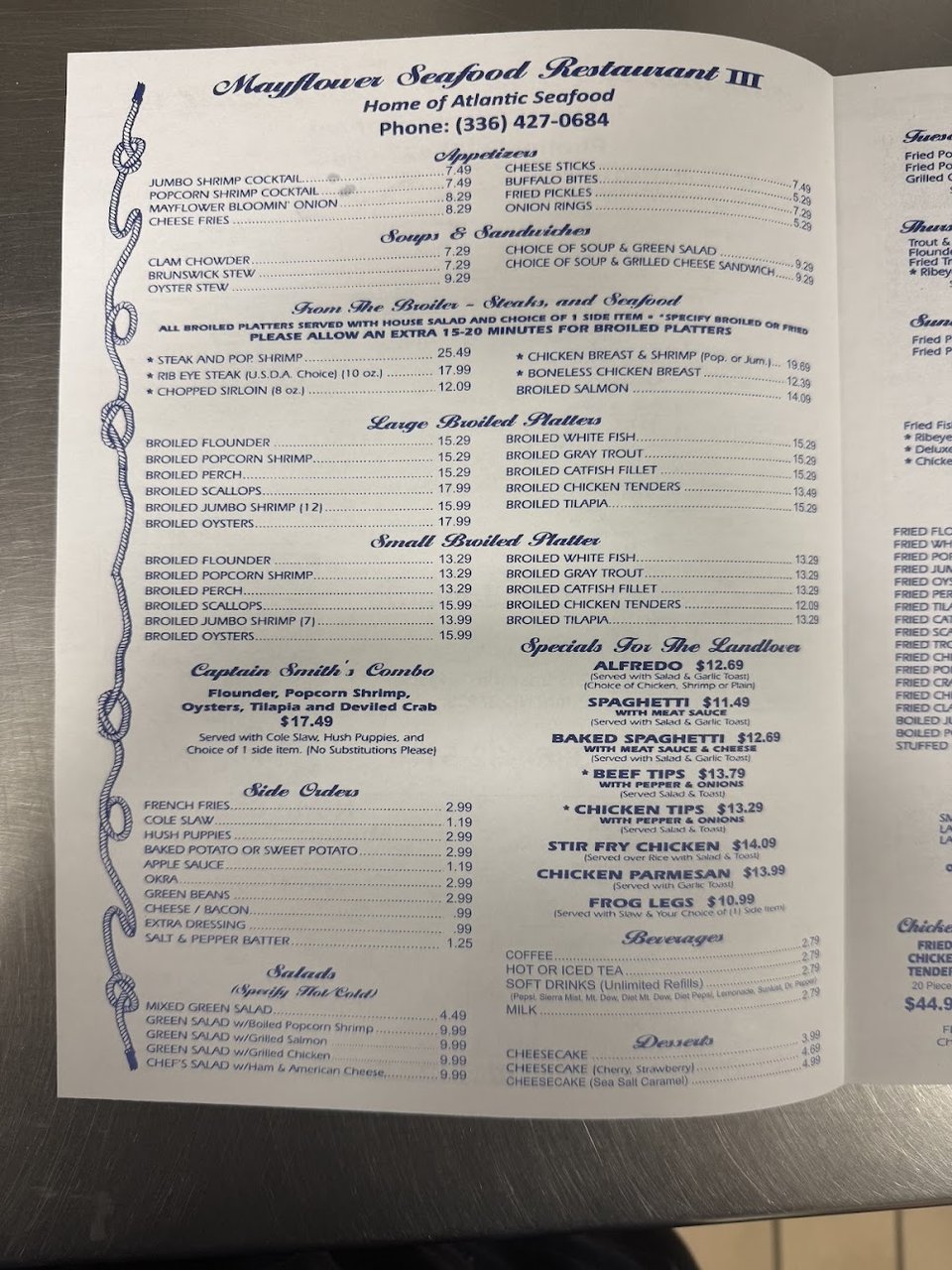 A menu layout showing appetizers and lunch plates.