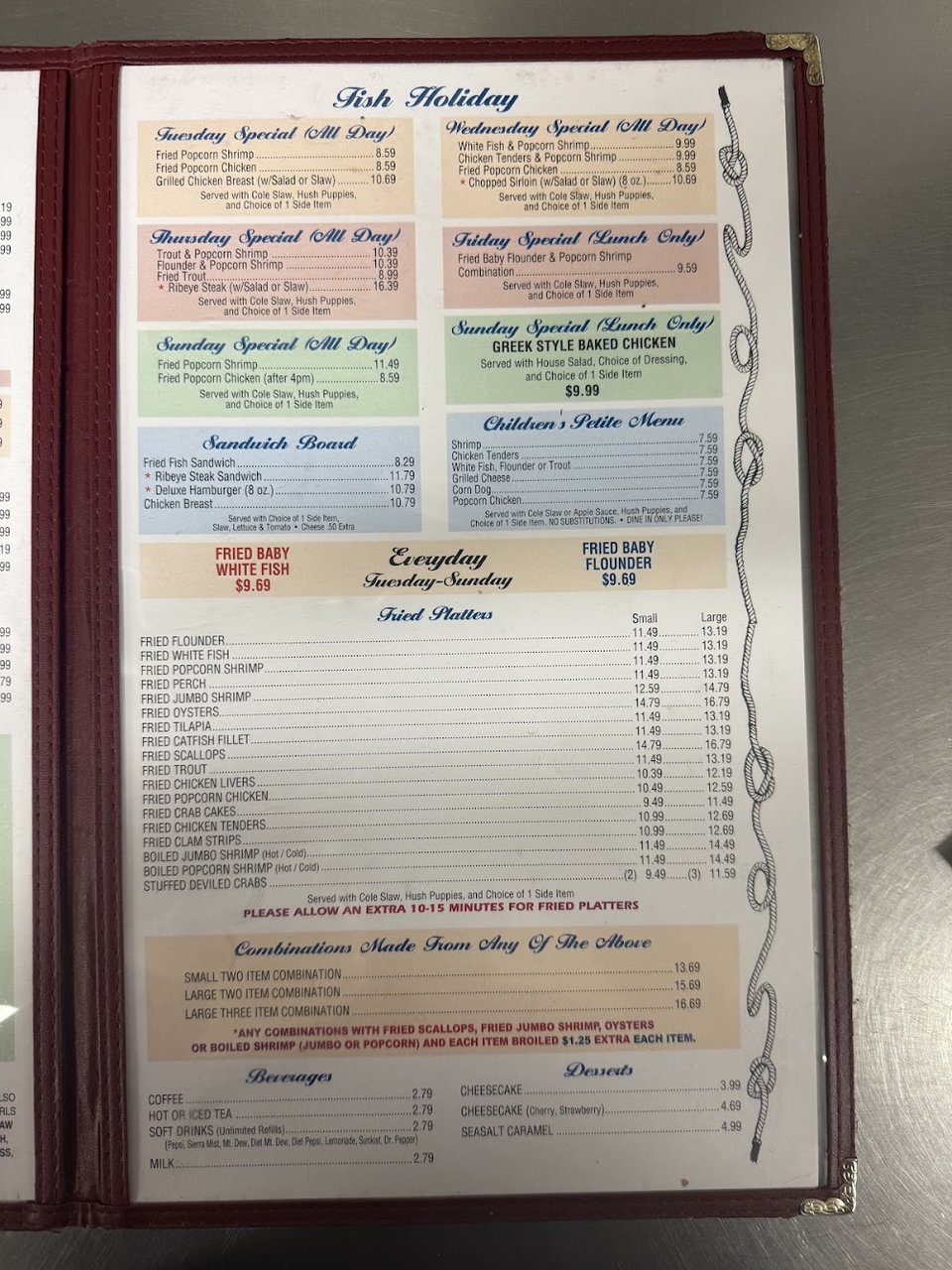 Printed seafood menu with broiled and fried choices.